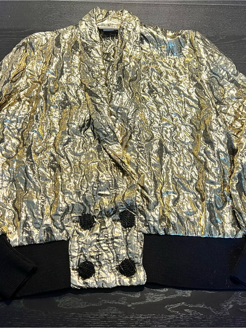 Vintage Metallic Gold Crinkle-Texture Blouse with Black Trim